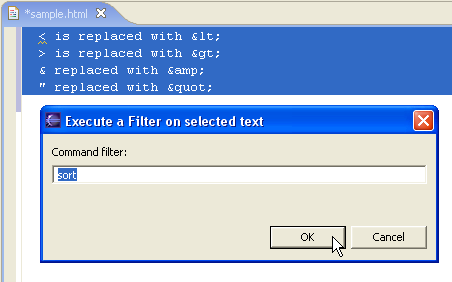 The Filter dialog with the 'sort' command specified